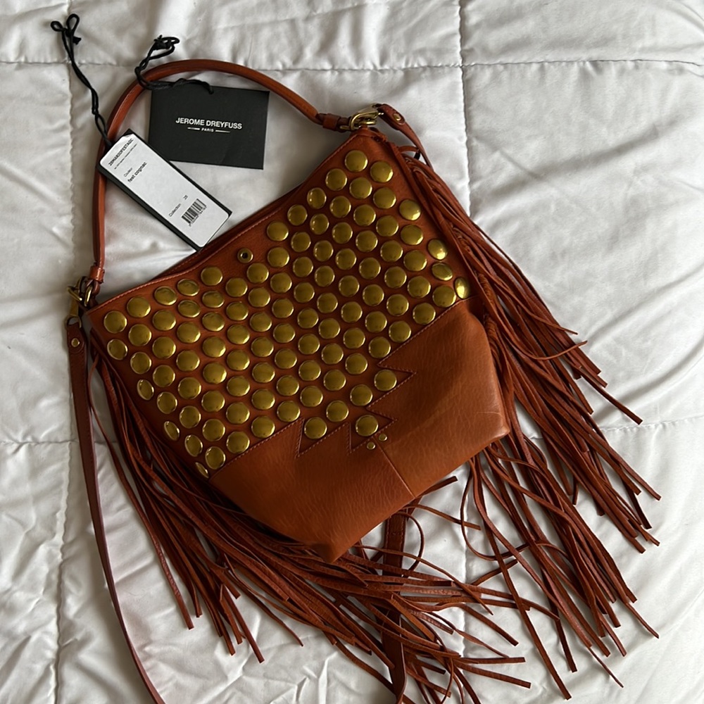Jerome Dreyfuss cognac leather fringe crossbody bag.